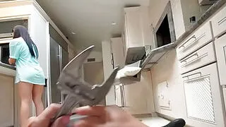Petite Asian rodes plumbers big dick in kitchen